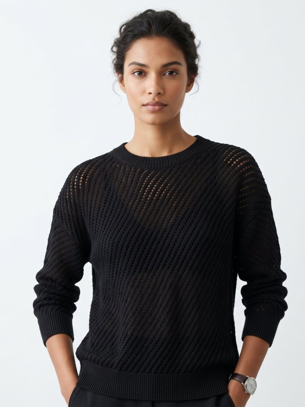 Vince Black 100% Cotton Pointelle Open Knit Sweater Size M